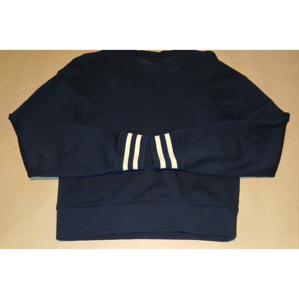 AllSaints Navy Crewneck Sweater with Cream Stripe Cuffs